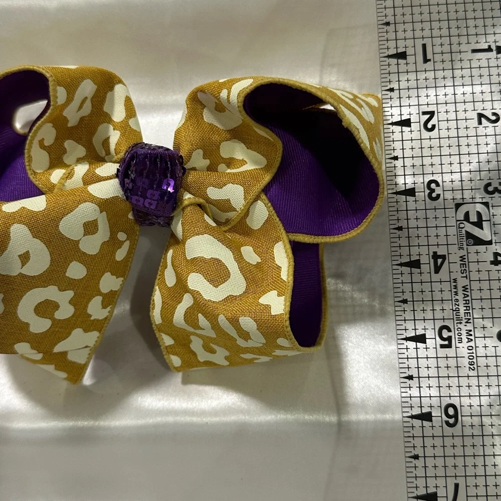 Gold Leopard Print Hair Bow w/ Purple Center-bundle 2 or more & save on shipping